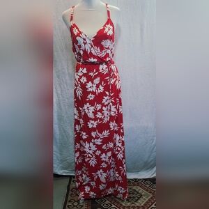 Red Tropical sz Large Wrap Maxi Spaghetti Straps center snap Long Wrap Tie
